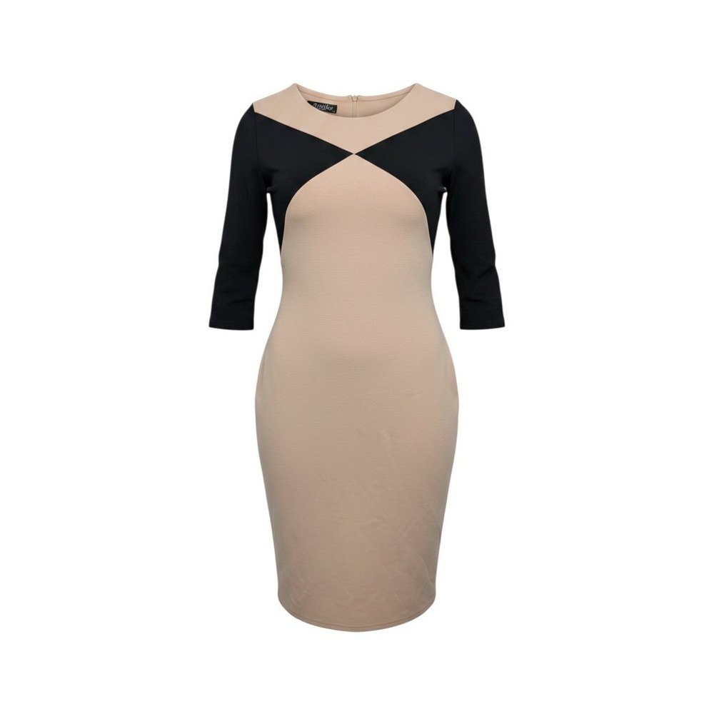 Aliska Colorblock Sheath Dress Beige Black 3/4 Sleeve Geometric - XXL